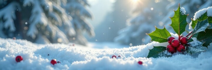 Holly leaves and berries in snow-covered scene, landscape, frozen, icy