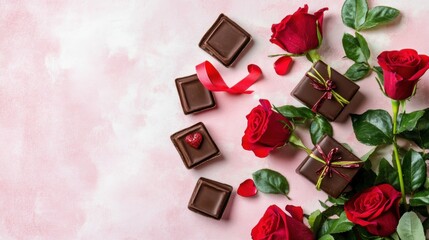 A Luxurious Dark Chocolate Bar, Adorned with an Array of Heart-Shaped Chocolates, Elegantly Placed Amidst a Romantic Setting of Crimson Roses and Delicate Greenery, Evoking a Sense of Affection and In