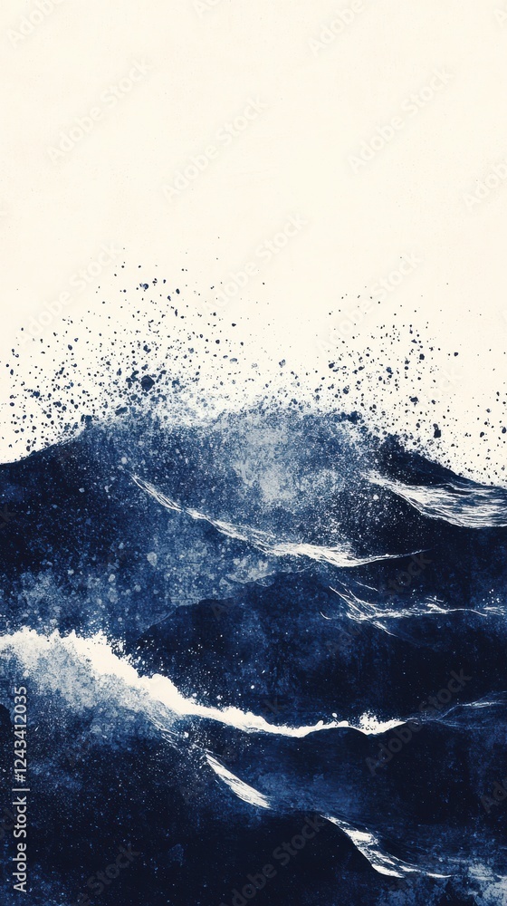 Poster halftone design showcasing ocean blue waves transitioning to deep navy, embodying strength and tranq