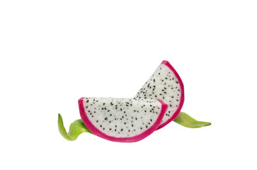 Dragon fruit with leaf. pitaya isolated set. Collection of ripe dragon fruit or pitahaya, half and...