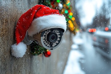 Security camera decorated for festive season in winter setting