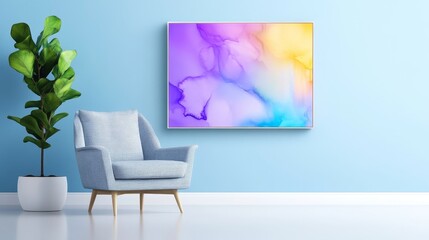 Abstract Art in Modern Living Room - Stylish light blue room interior with a pastel abstract painting above a light blue armchair and a fiddle leaf fig plant.