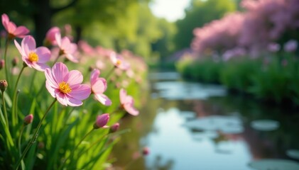Obraz premium Pink and white flowers sway in the breeze beside a calm stream, sway, white, soft