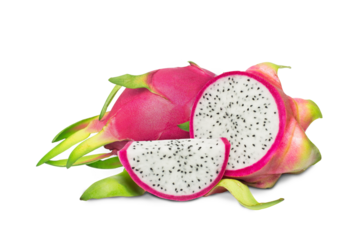 Dragon fruit with leaf. pitaya isolated set. Collection of ripe dragon fruit or pitahaya, half and slice of the fruit on a white background. DragonFruit Package design element. Top view. Flat lay.