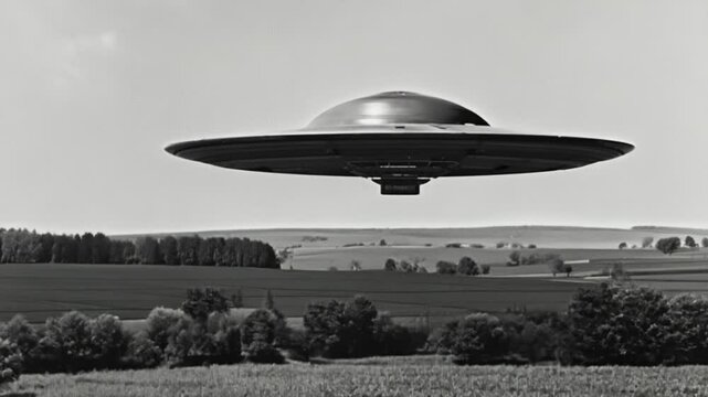 Vintage ufo flying over rural landscape in daylight