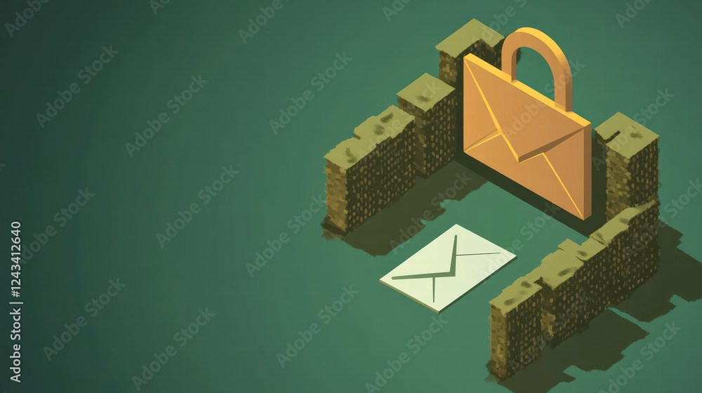 Poster secure email communication with padlock and envelope surrounded by protective wall, symbolizing priv