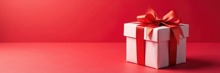 Obraz premium Red and white striped Christmas gift box with a bow on top, paper, holiday