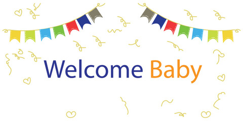 Welcome baby greeting card for childbirth with adorable baby accessories vector illustration design background