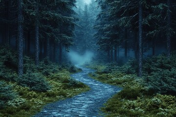 Obraz premium A Misty Forest Path Winding Through Tall Evergreens