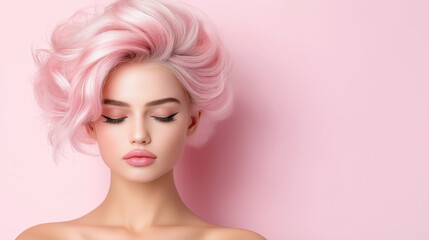 Trendy girl with pink hair showcasing a soft and elegant look against a pastel background