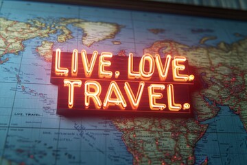 Bright neon sign with the phrases live, love, travel illuminating a world map background in a cozy travel-themed caf&eacute;