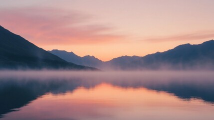 Fototapeta premium Misty sunrise lake, mountain reflection, calm scene, travel poster