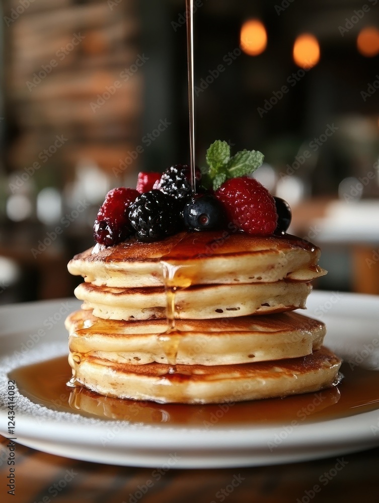 Aufkleber fluffy pancake stack drizzled with syrup and topped with fresh berries for a delicious breakfast tre