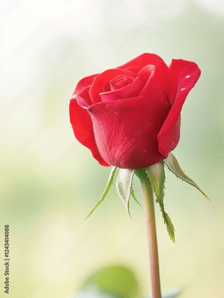 Poster vibrant red rose with dew drops glistening against a soft blurred backdrop in a serene garden settin