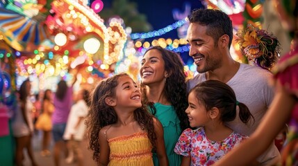 Multicultural Family of Five Dancing Joyfully at Carnival Celebration Surrounded by Colorful Floats and Bright Lights