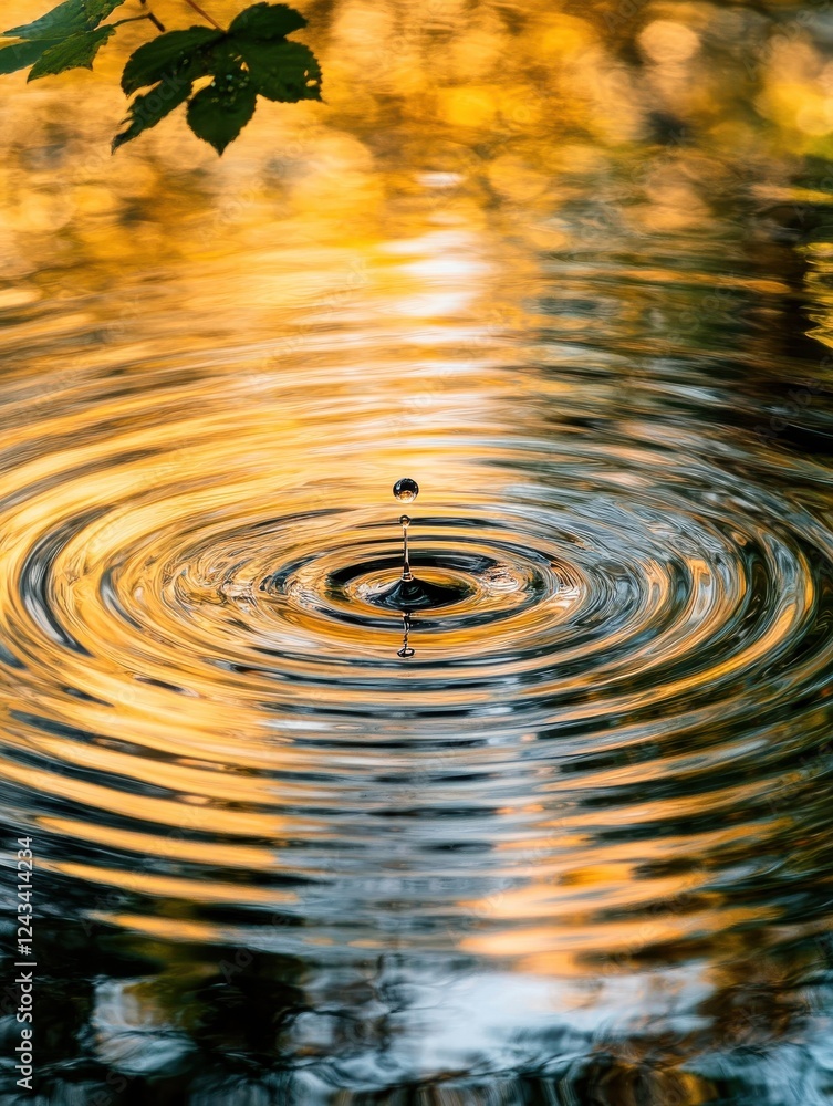 Poster close-up of a water droplet falling into a still pond creating concentric ripples during golden hour