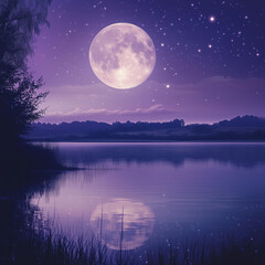 Mystical Lavender Twilight with a Glowing Full Moon and Starry Constellations, Casting a Reflection Over a Peaceful Lake