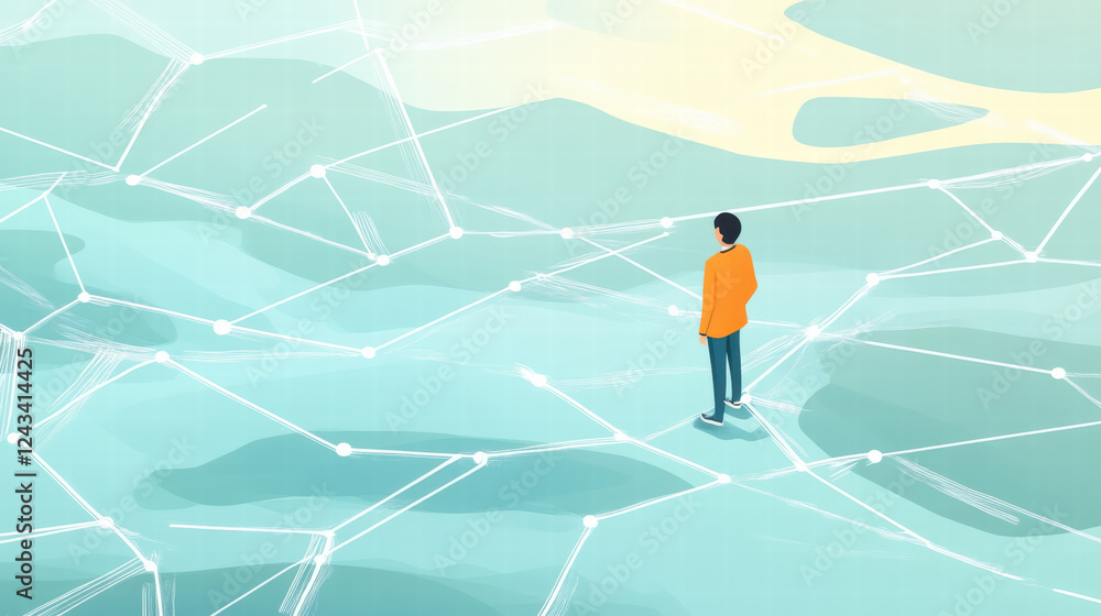 Poster user stands on digital network, exploring connections in secure environment. scene conveys sense of 