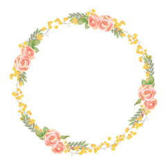 水彩画の薔薇とミモザの花の円形リース