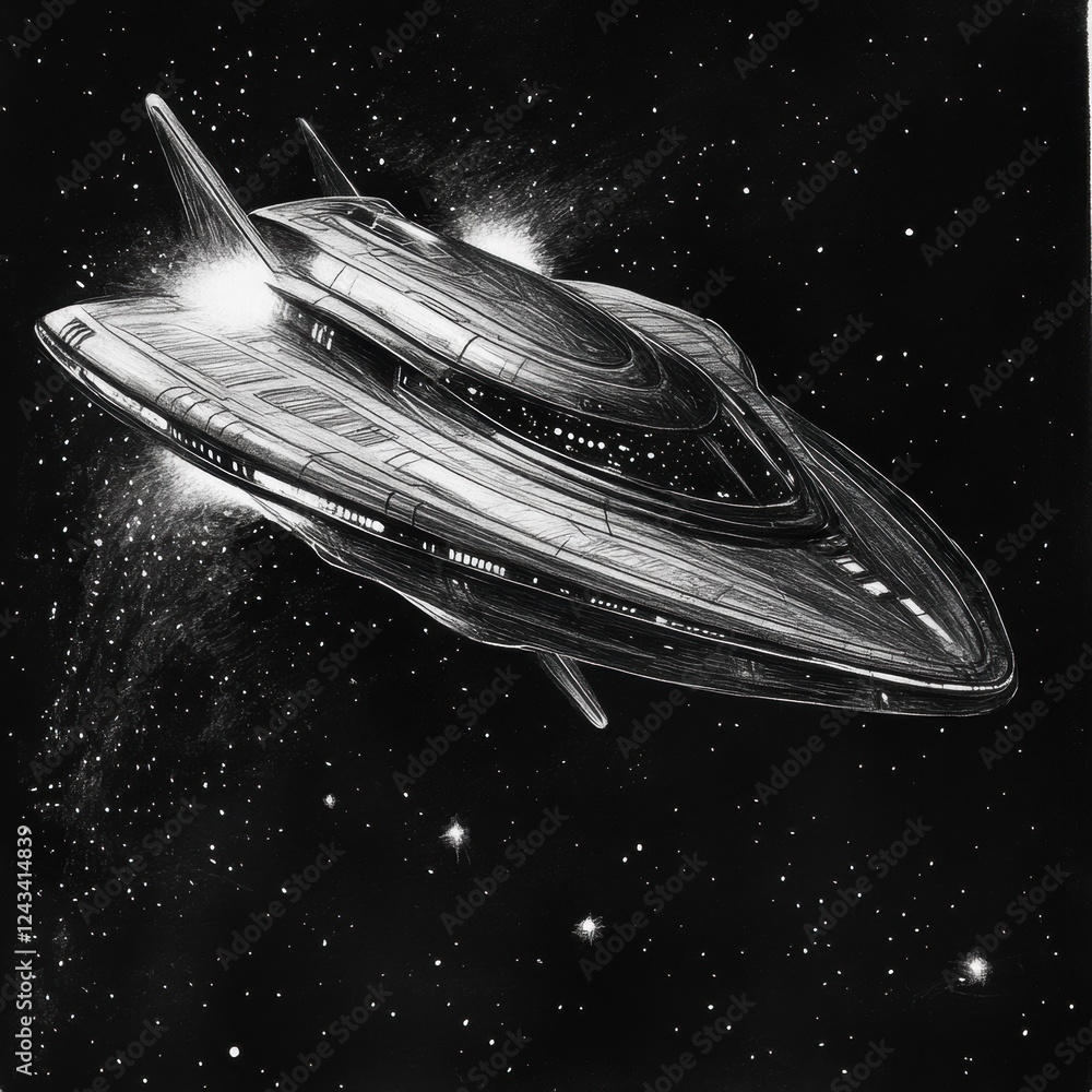 Poster unique illustration of a sleek, illuminated alien spaceship in deep space with intricate details
