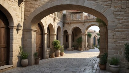 Stone arches and doorways in a traditional courtyard , traditional, decoration , courtyard