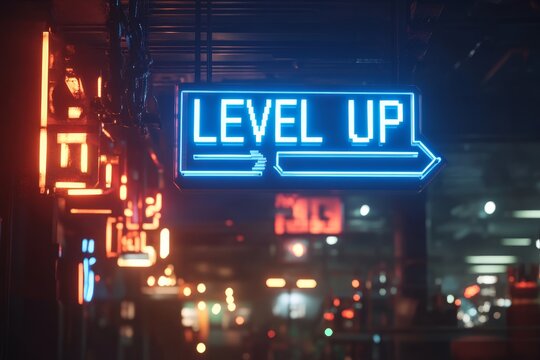 Bright neon signs glowing in a vibrant urban setting at night, inviting passersby to level up their experience