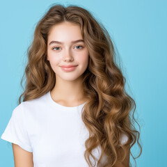 Fototapeta premium Trends in hair styling showcased by a girl with flowing wavy hair against a blue background