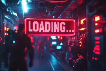 Neon loading sign illuminates a futuristic corridor filled with glowing technology in a sci-fi setting