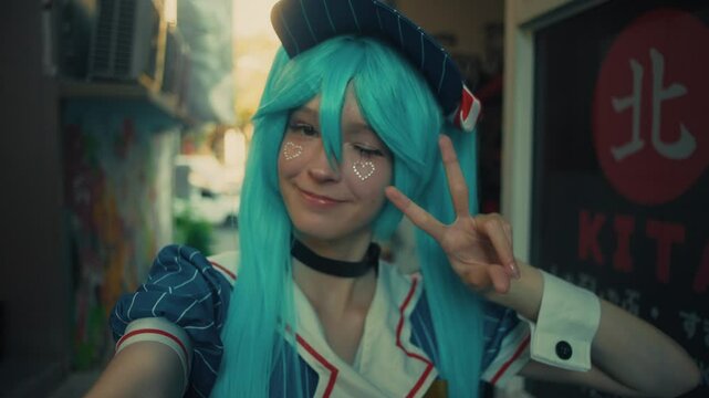A Cosplay Enthusiast Happily Taking a Colorful Selfie with Their Vibrant Aqua Hair Today