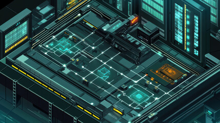 Fototapeta premium Isometric view of futuristic network environment featuring multiple layers, glowing circuits, and high tech elements. scene conveys sense of advanced technology and innovation