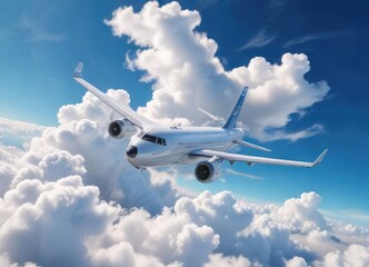Obraz premium stunning aerial view of an airplane flying high in the clear blue sky with white fluffy clouds , cloud, aircraft,