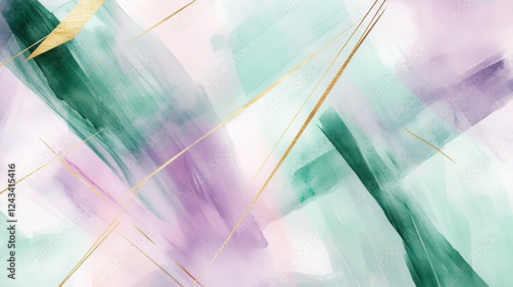 Poster Pastel mint and lavender abstract artwork with bold golden lines creating depth and balance in composition