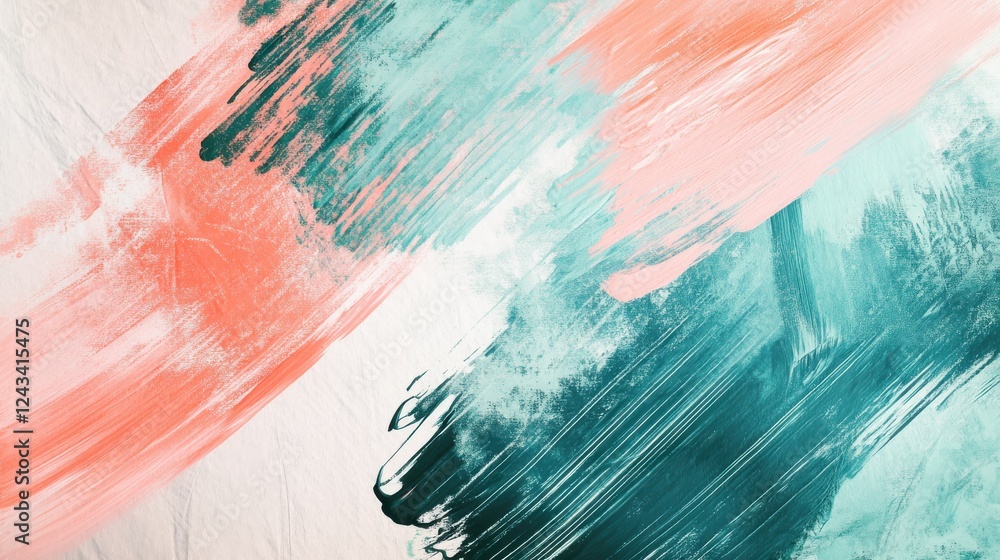 Poster abstract composition of pencil strokes with mint and coral brushstrokes showcasing movement and dept