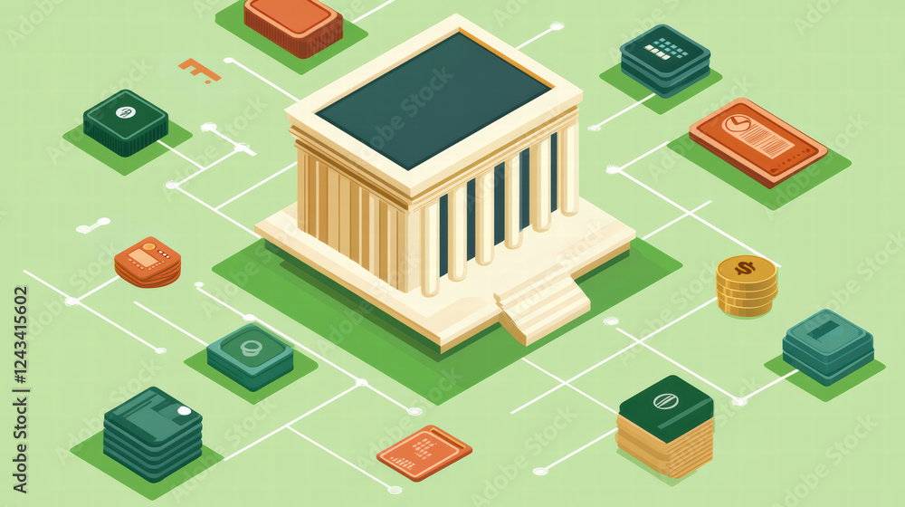 Poster isometric view of secure online banking interface with bank building surrounded by various financial