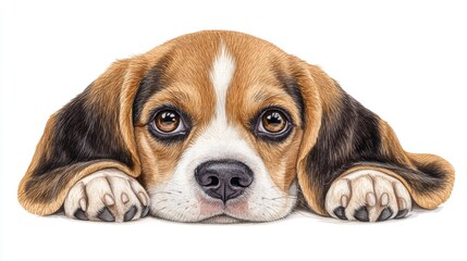 Adorable Beagle Puppy with Sad Eyes Lying Down on White Background