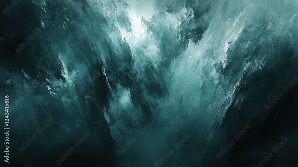 Poster exploring the depths of abstract brushwork with dark teal and charcoal gray hues featuring white hig