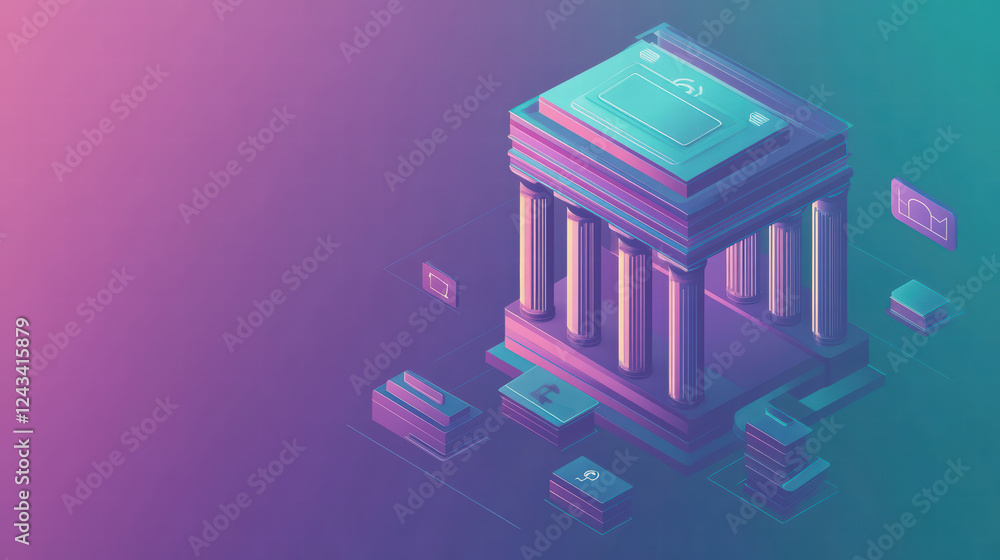 Poster isometric view of secure online banking interface featuring stylized bank building with digital elem