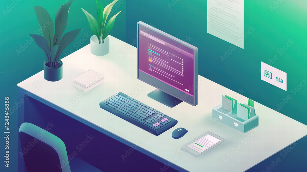 Poster modern workspace featuring computer, keyboard, and plants, designed for online banking tasks. interf