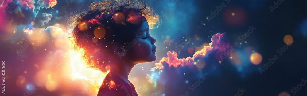 Poster child's imagination illuminated by glowing clouds forming whimsical shapes at twilight