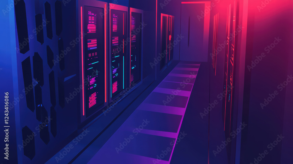 Poster isometric view of secure server room with glowing data panels, showcasing futuristic design and vibr