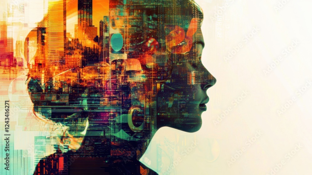 Fototapete vibrant double exposure illustrating ai-driven algorithms and investment tools enhancing innovation 