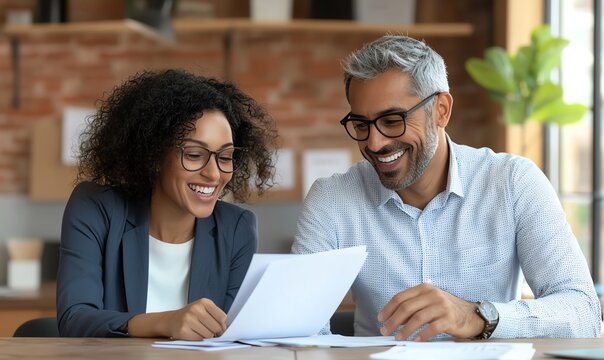 A cheerful diverse couple sharing a moment of collaboration at the office, reviewing documents together. Their smiles reflect a positive work environment.