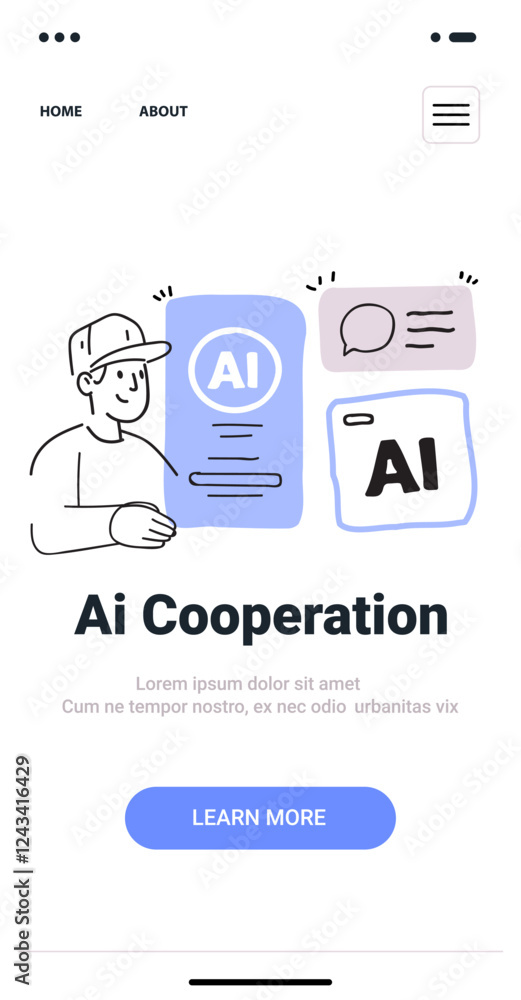 Poster ai cooperation concept with person interacting with ai elements in minimalist hand drawn style featu