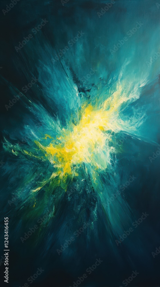 Poster vibrant cyan and yellow beams of light create an electrifying atmosphere in a dynamic haze