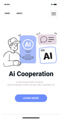 AI cooperation concept with person interacting with AI elements in minimalist hand drawn style featuring a person and AI icons on a mobile app screen