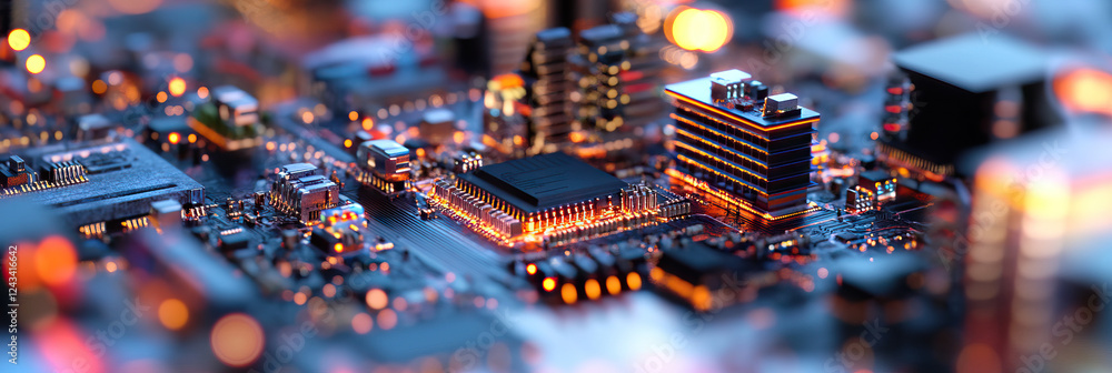 Poster close-up of illuminated circuit board with integrated circuits