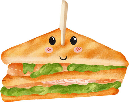 cute sandwich watercolor smiling face clip art preview