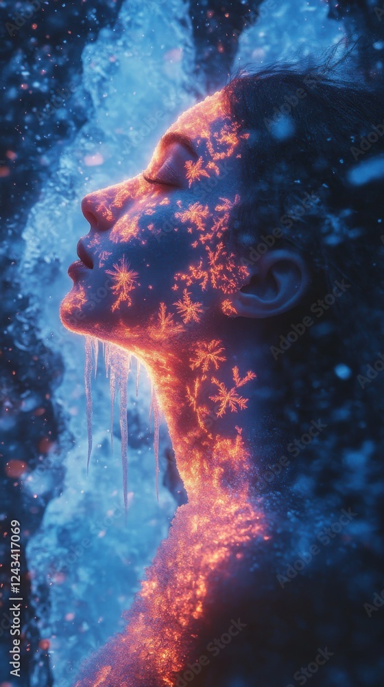 Poster radiant woman merges with frozen waterfalls in a surreal arctic wonder illuminated by glowing frost 