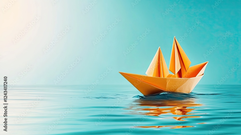 Poster tranquil scene of floating paper boats on a soft blue background with calm waters and gentle light r