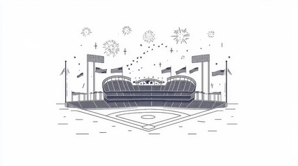 Obraz premium Festive Baseball Stadium Illustration - Minimalist line art of a baseball stadium with fireworks, symbolizing celebration, sport, community, victory, and summer.